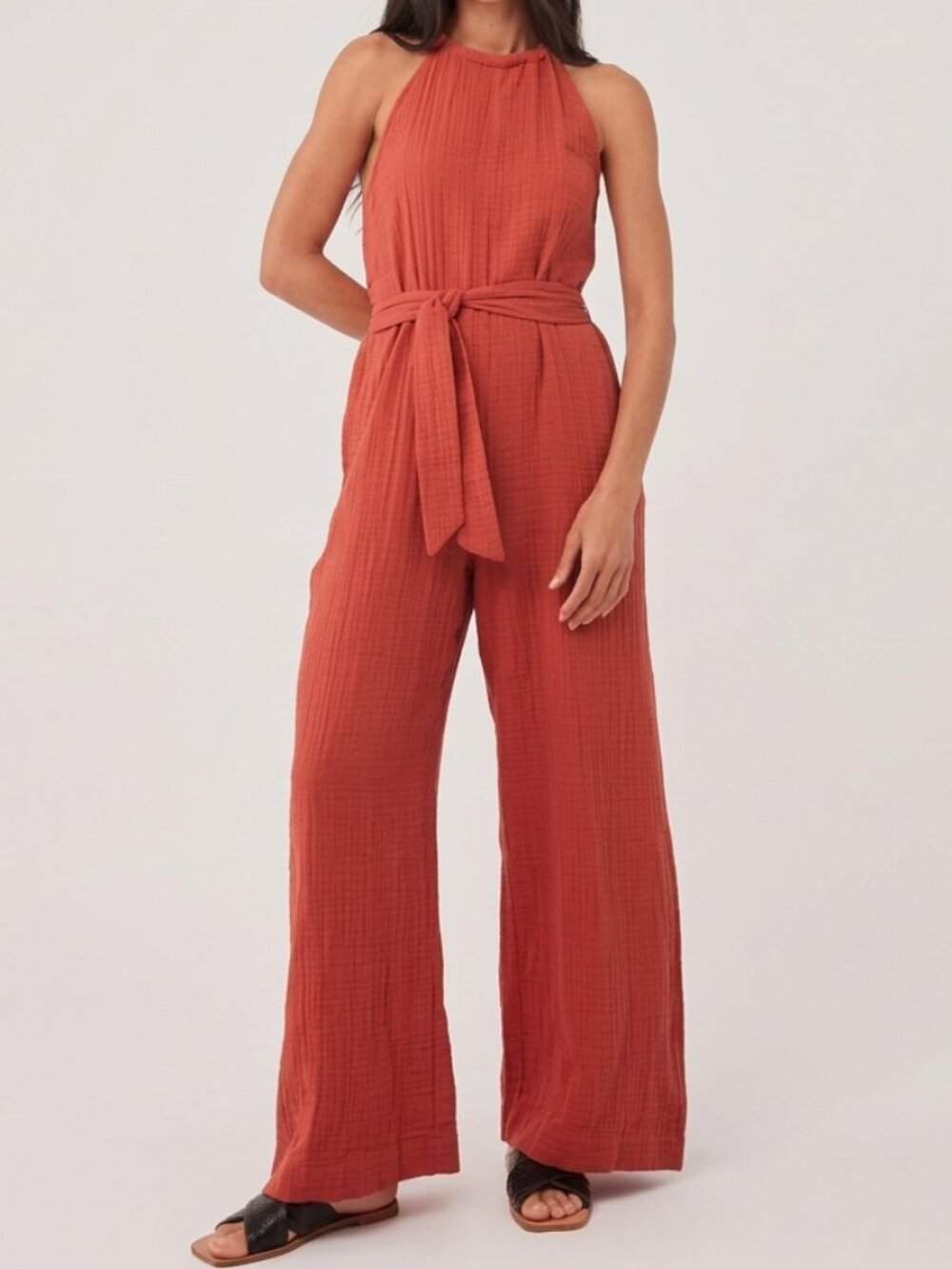 Pact NWT Organic Cotton Gauze Halter Jumpsuit Red Wide Leg Women's Size M
